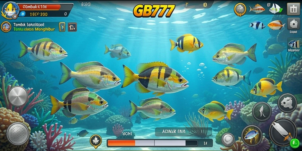 Tampilan gameplay seru GB777 dengan berbagai ikan yang menunggu untuk ditembak.